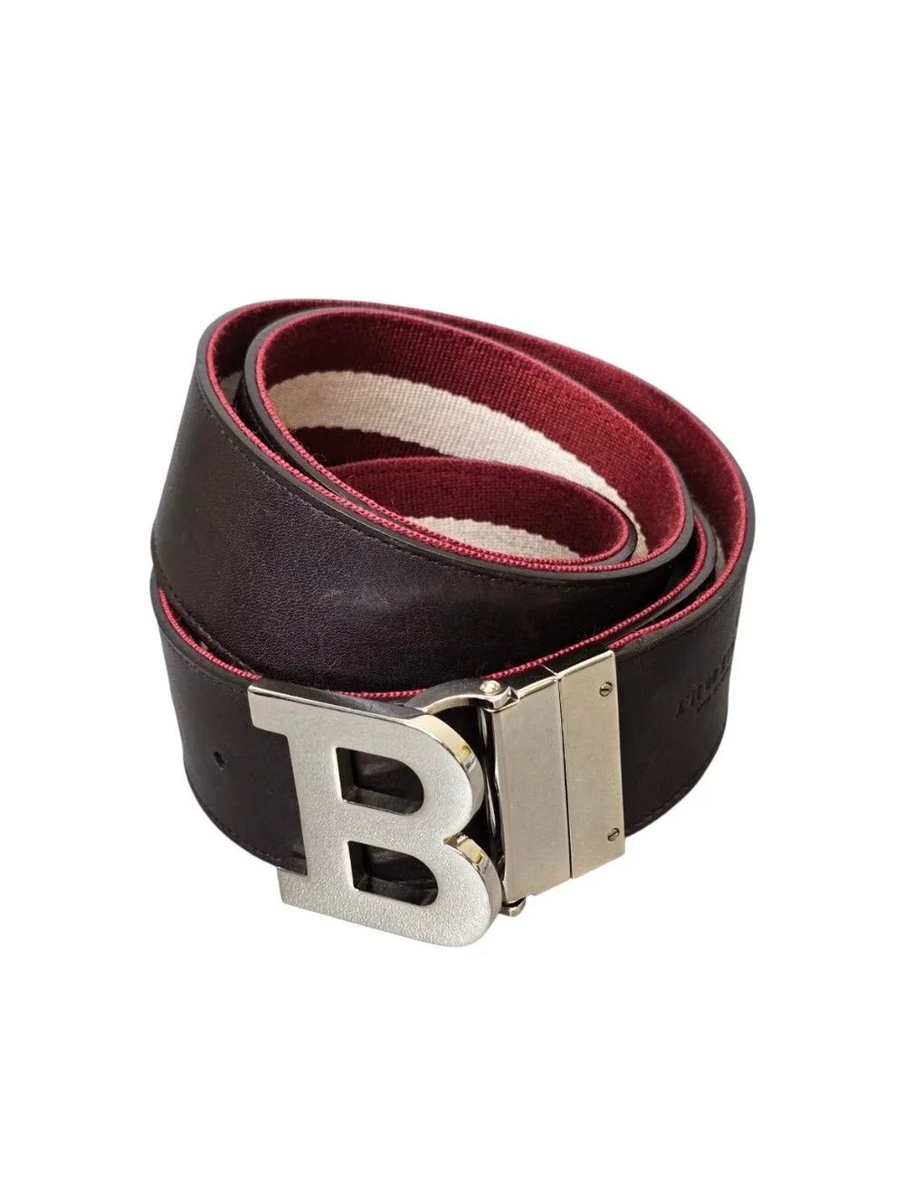 Bally Men's Size 90/36 Reversible B Buckle Canvas & Leather Belt Burgundy/Cream